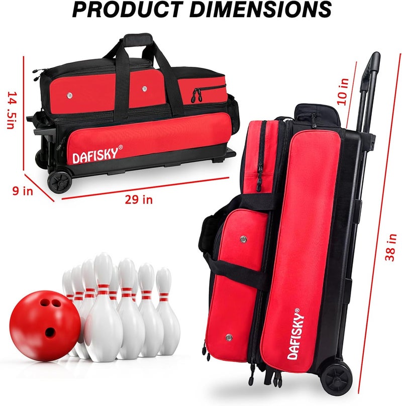 DAFISKY 3 ball bowling bags with wheels, bowling ball bag 3 ball roller with Multiple Pockets Retractable Handle - Image 1
